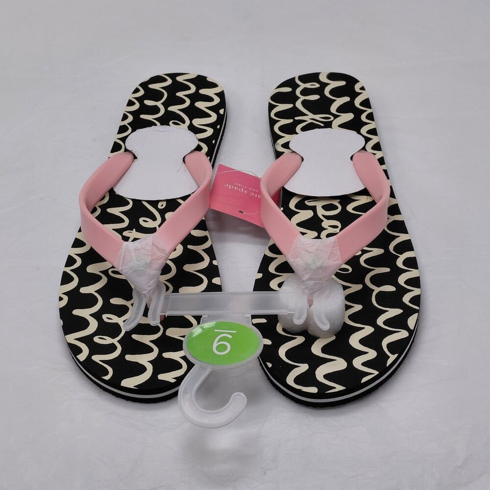 Kate Spade Womens Logo Flip Flops Size 9 Pink Black Beach Sandal Summer Vacation